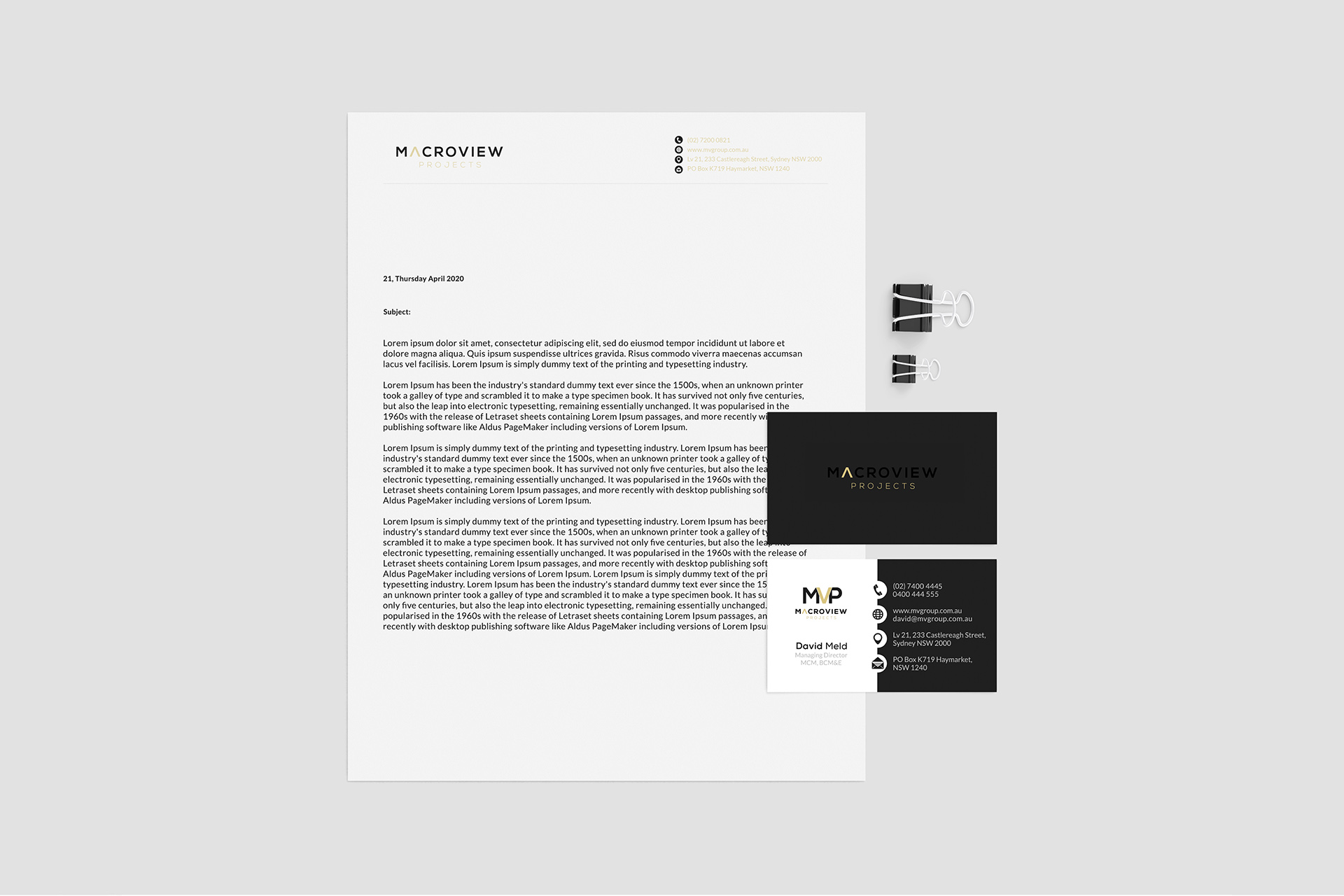 Macroview Projects stationary designed by Meld Design