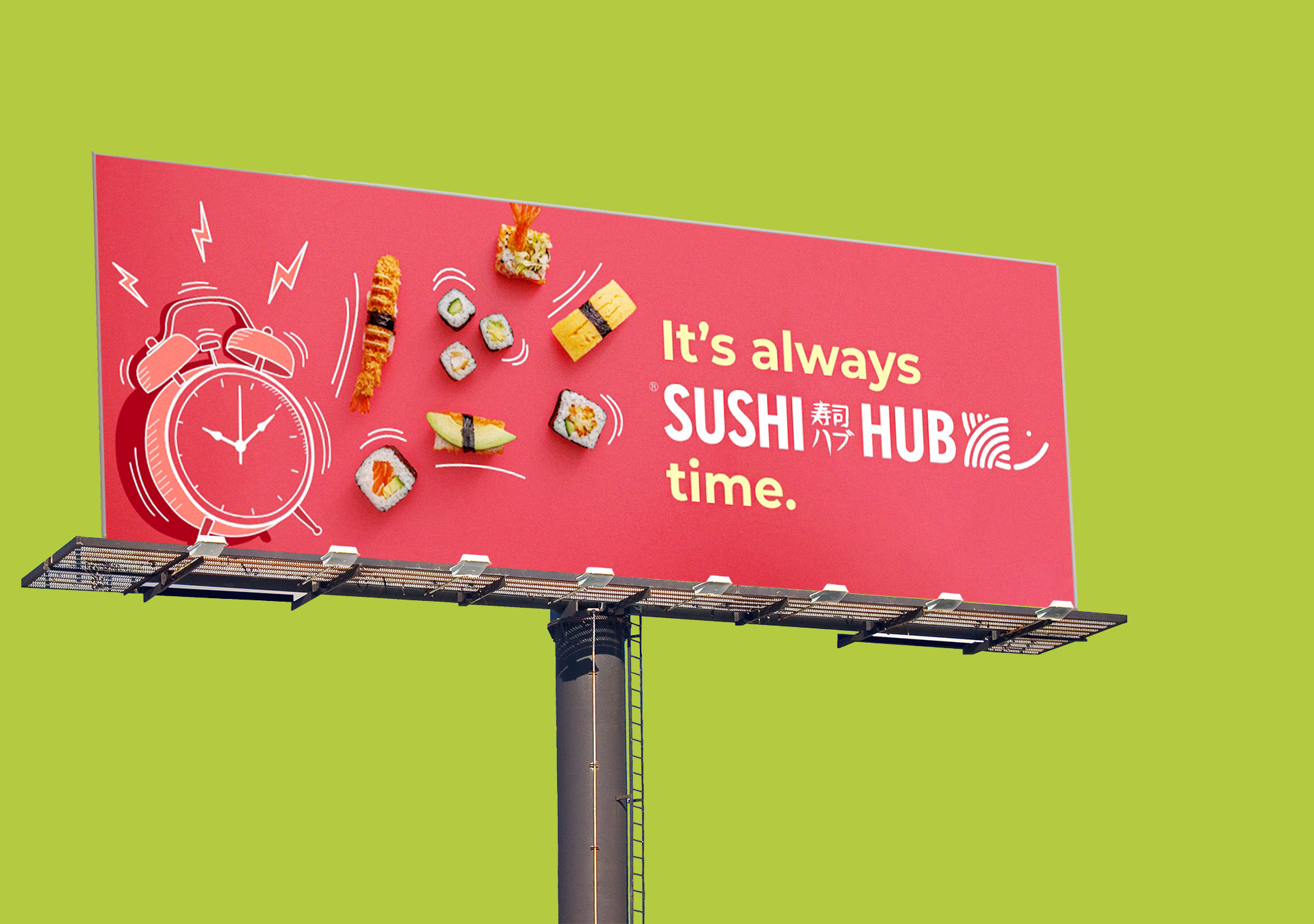 Red coloured billboard design with Sushi Hub products